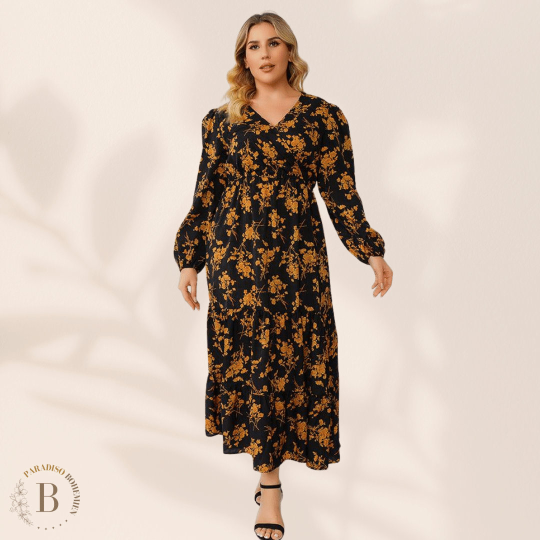 Abito Taglie Forti Nero con Fiori  | Paradiso Bohemien