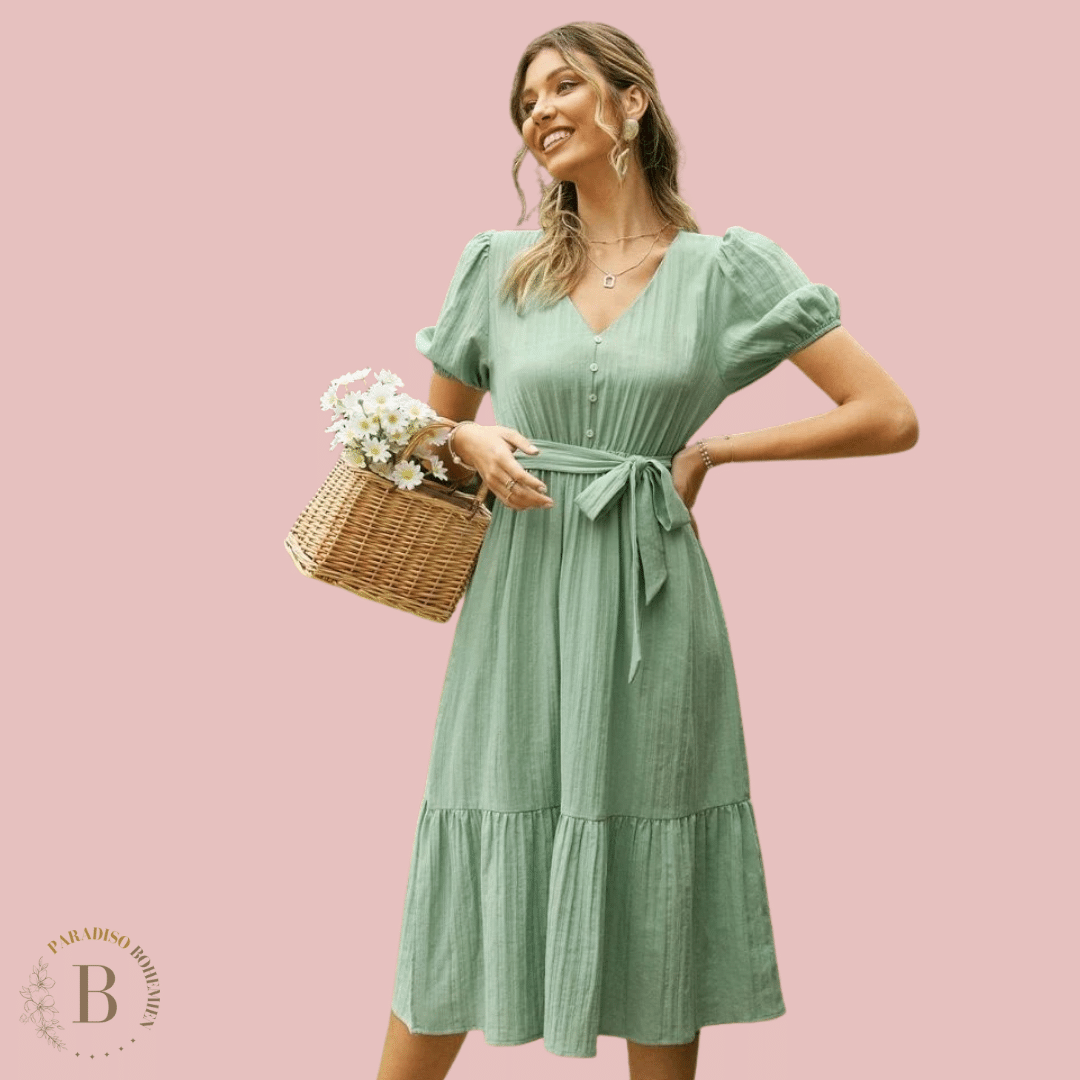 Vestito Lungo Verde con Cintura per Estate | Paradiso Bohemien