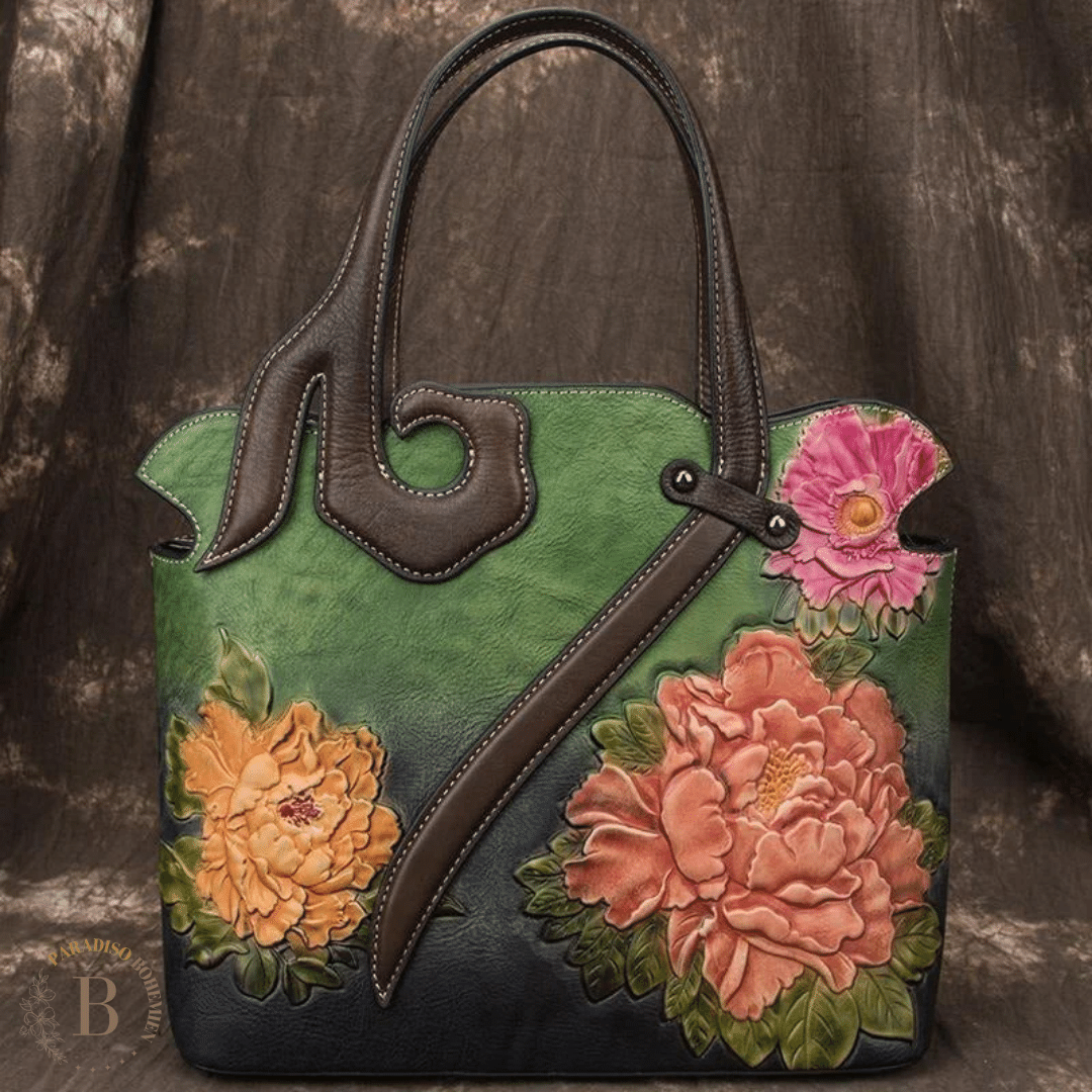 Borsa con Fiori Applicati Verde | Paradiso Bohemien