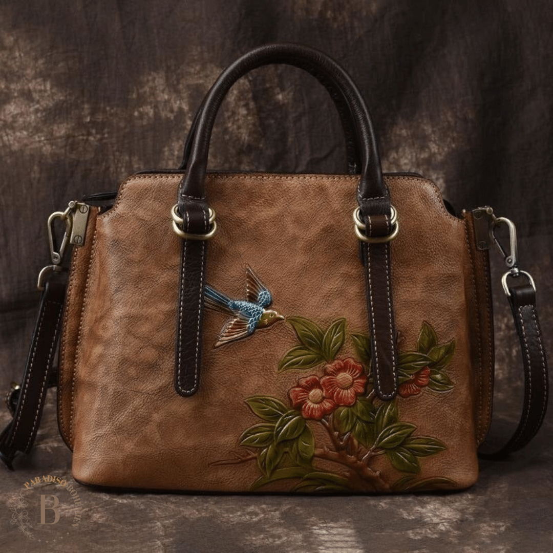 Borsa Vintage Donna a fiori in vera pelle marrone | Paradiso Bohemien