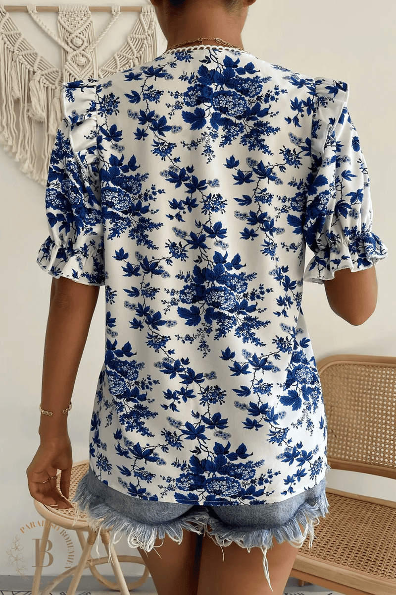 Camicia Bianca con Fiori Blu | Paradiso Bohemien