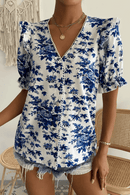 Camicia Bianca con Fiori Blu Bohémien | Paradiso Bohemien
