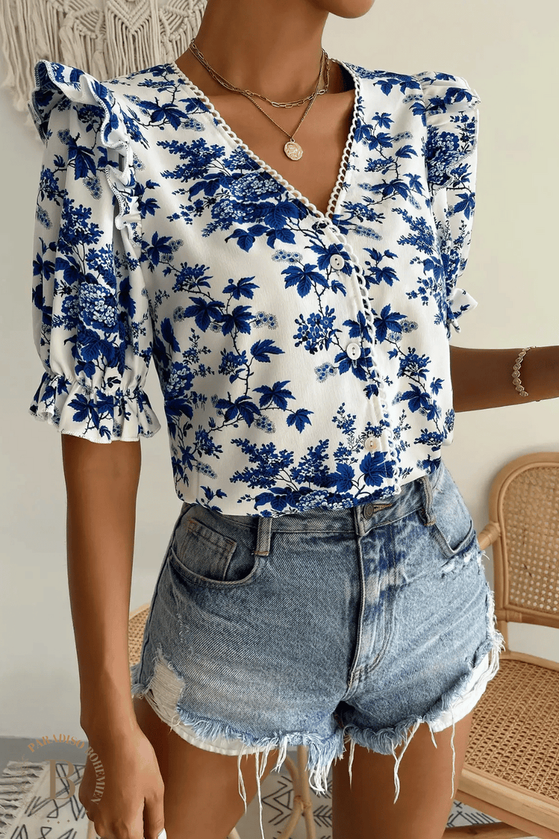 Camicia Bianca con Fiori Blu stile Boho | Paradiso Bohemien