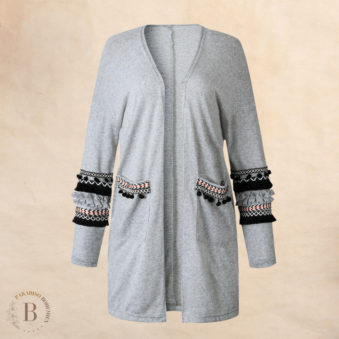 Cardigan Grigio con Ricami Boho | Paradiso Bohemien