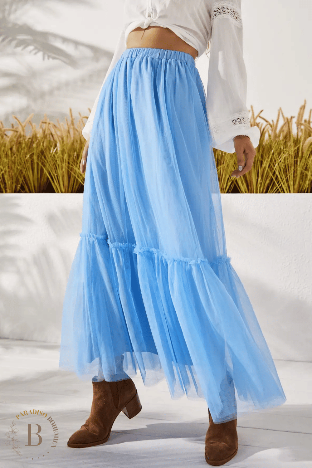 Gonna Lunga in Tulle Blu stile Bohemien | Paradiso Bohemien