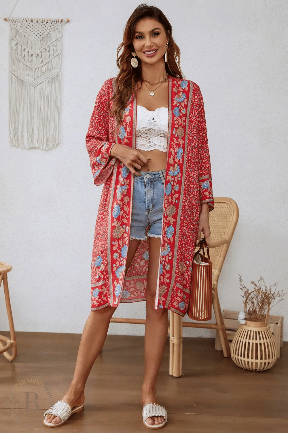 Kimono Rosso florele | Paradiso Bohemien