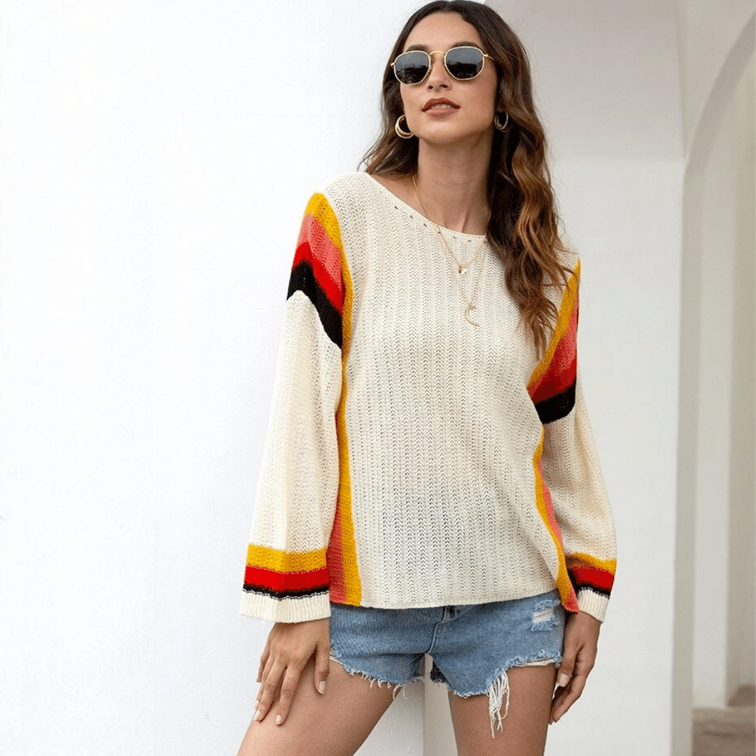 Maglione Hippie Colorato | Maglione beige con mentine colorate |  Paradiso Bohémien