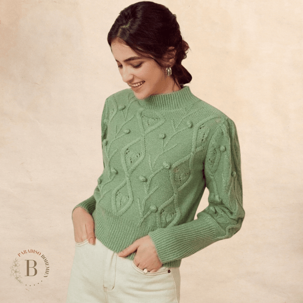 Maglione Verde Oliva  da donna con Pompon Boho | Paradiso Bohemien