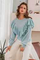 Maglione boho Blu con Balze  da Donna  Colletto Rotondo | Paradiso Bohemien