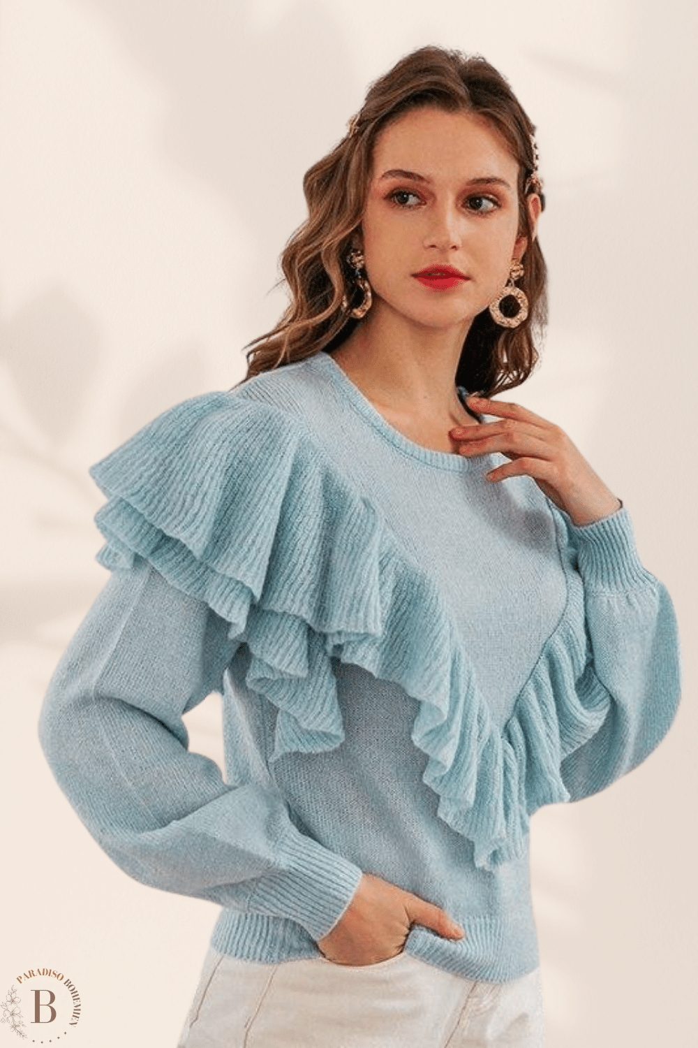 Maglione Blu con Balze  da Donna e Maniche Lunghe | Paradiso Bohemien