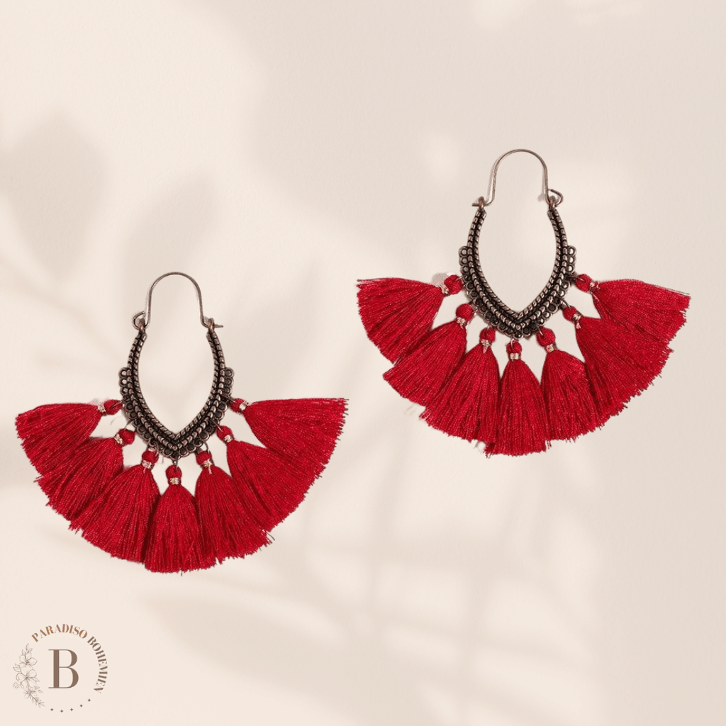 Flongo Set Di Orecchini Bohemien Con Nappa E Pompon, In Rattan E Metallo, Vari Modelli, F134008