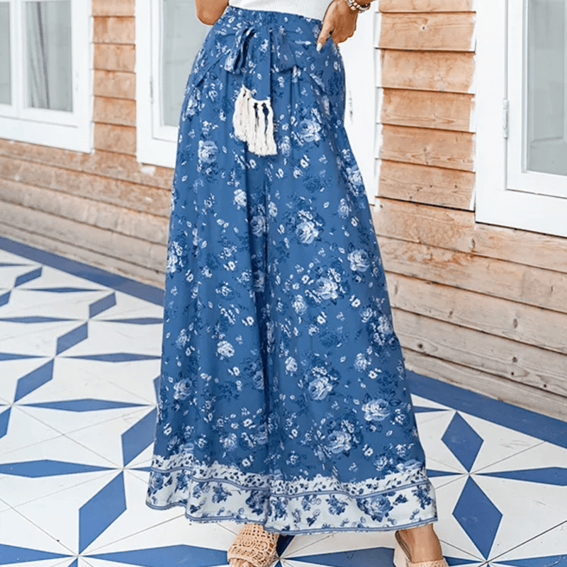 Pantaloni Blu Larghi a fiori in stile Boho | Paradiso Bohemien