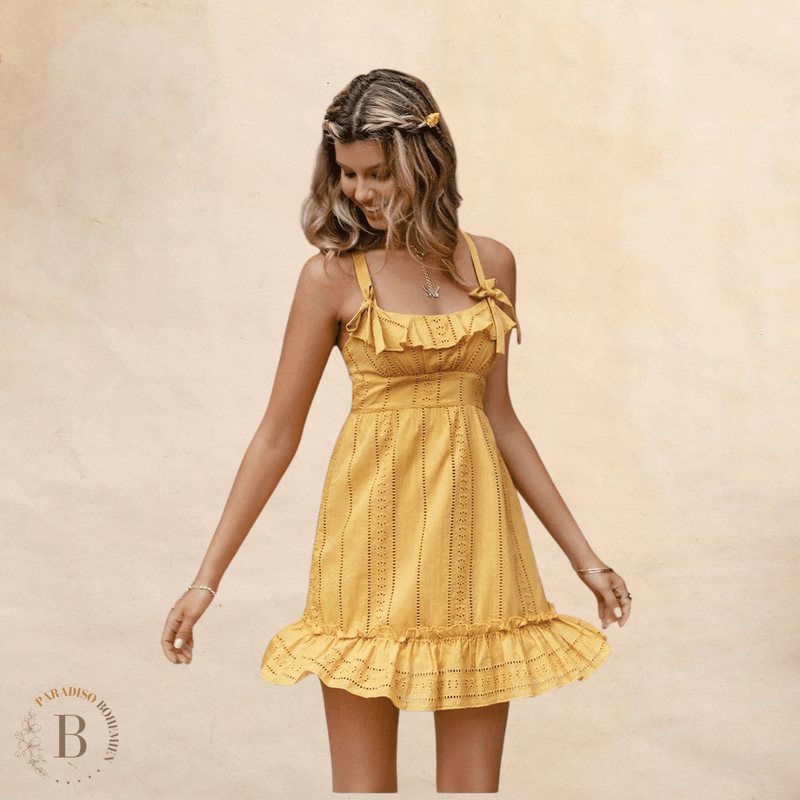 Vestito a balze corto di colore giallo Paradiso Bohemien