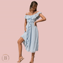 Vestito Celeste Pastello con Collo Bardot | Paradiso Bohemien