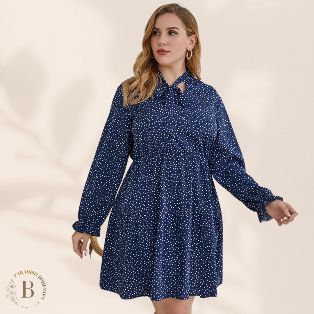 Vestito a pois a maniche lunghe per taglie comode blu marino | Paradiso Bohemien