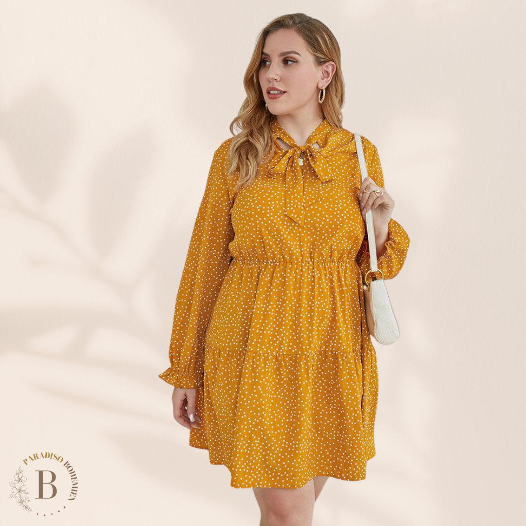 Vestito a pois a maniche lunghe per taglie comode giallo | Paradiso Bohemien
