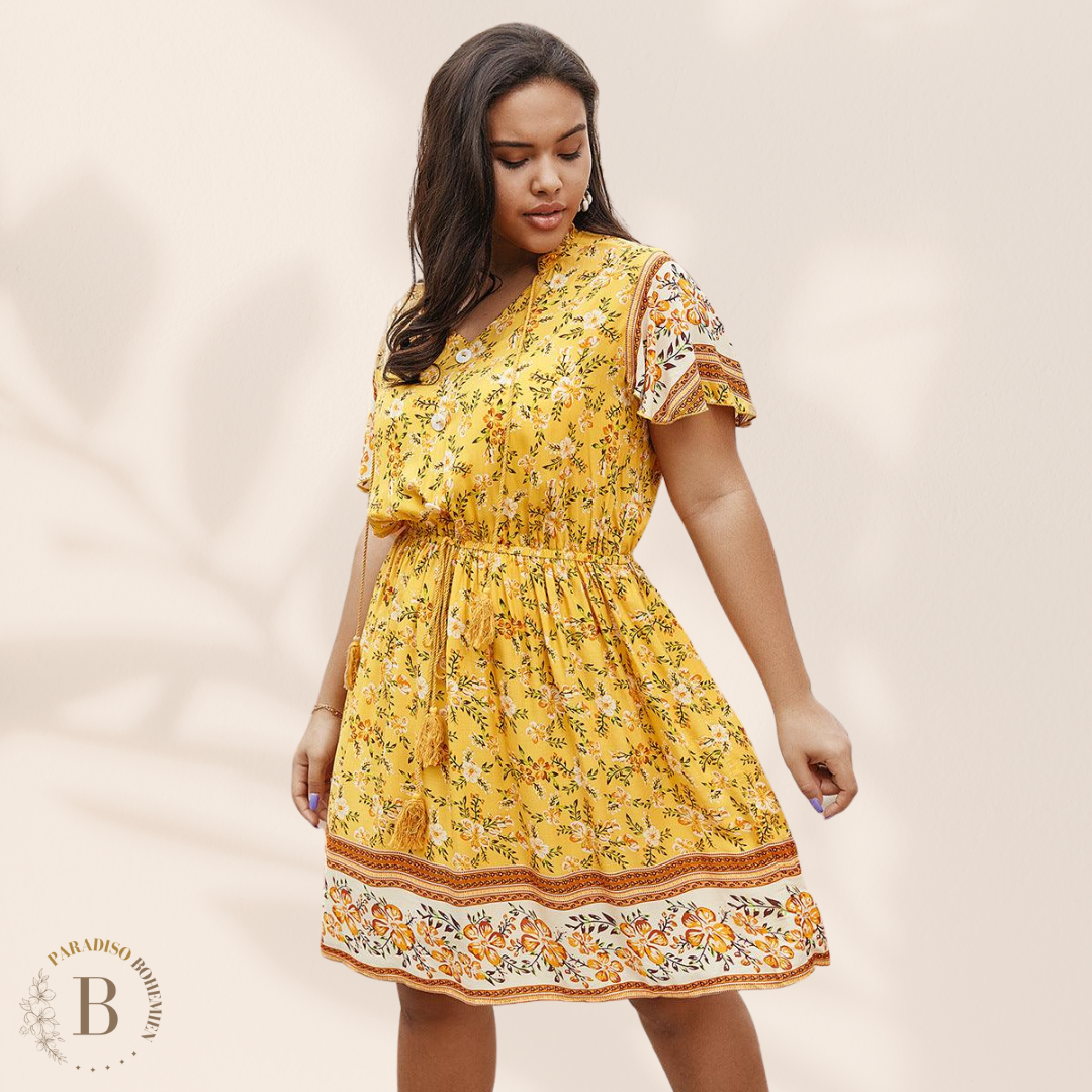 Abito Boho a Fiori Giallo per  Taglie Forti | Paradiso Bohemien