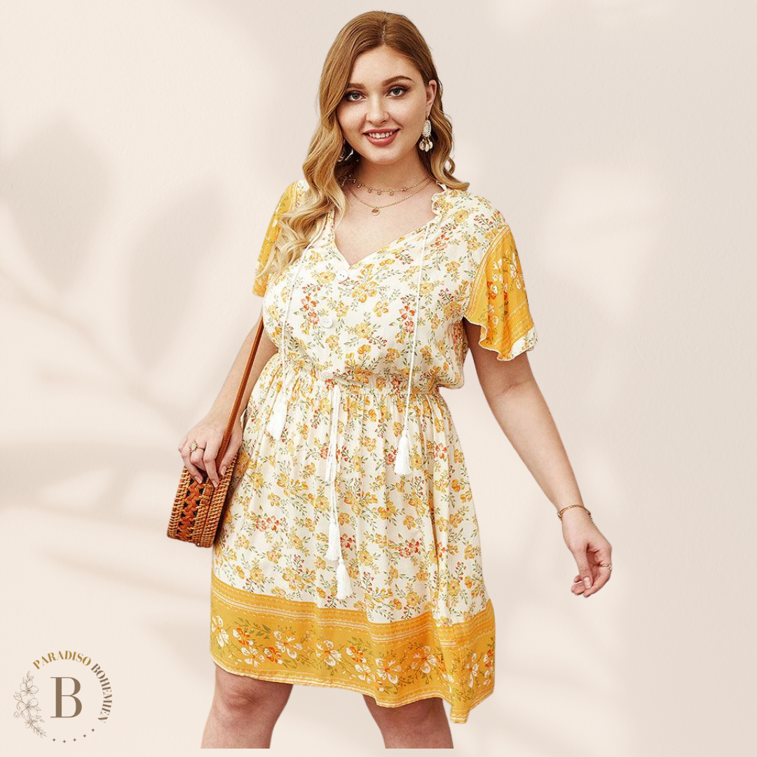 Abito Boho a Fiori Taglie Forti Giallo | Paradiso Bohemien