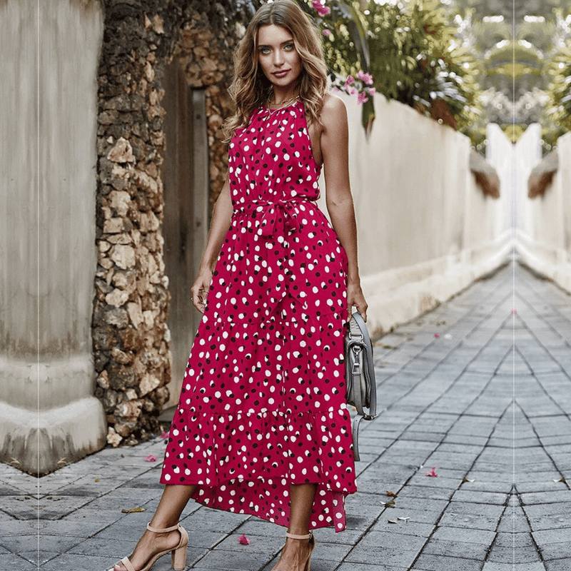 Vestito Lungo Rosso a Pois Paradiso Bohemien