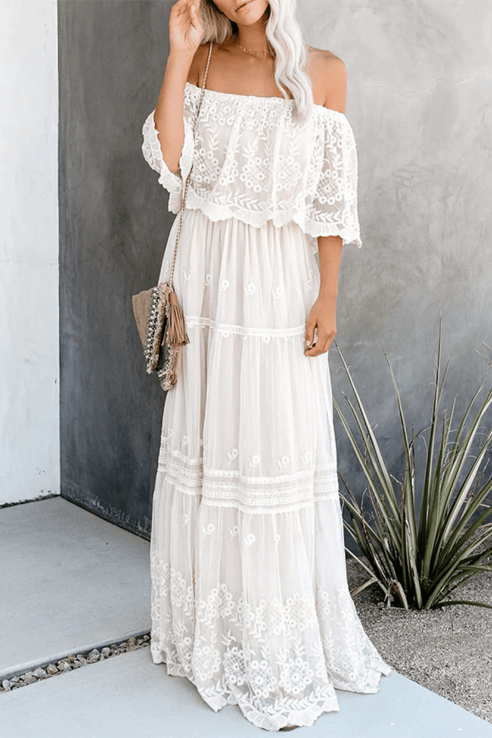 Vestito Lungo con Spalle Scoperte Bianco | Paradiso Bohemien