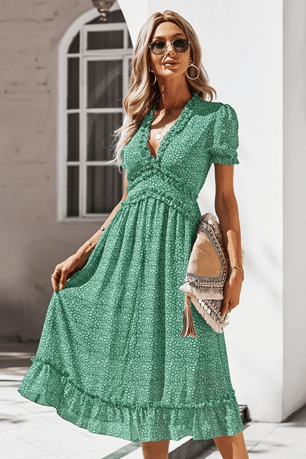 Vestito Midi con Volant Verde a Fiori in stile Boho | Paradiso Bohemien