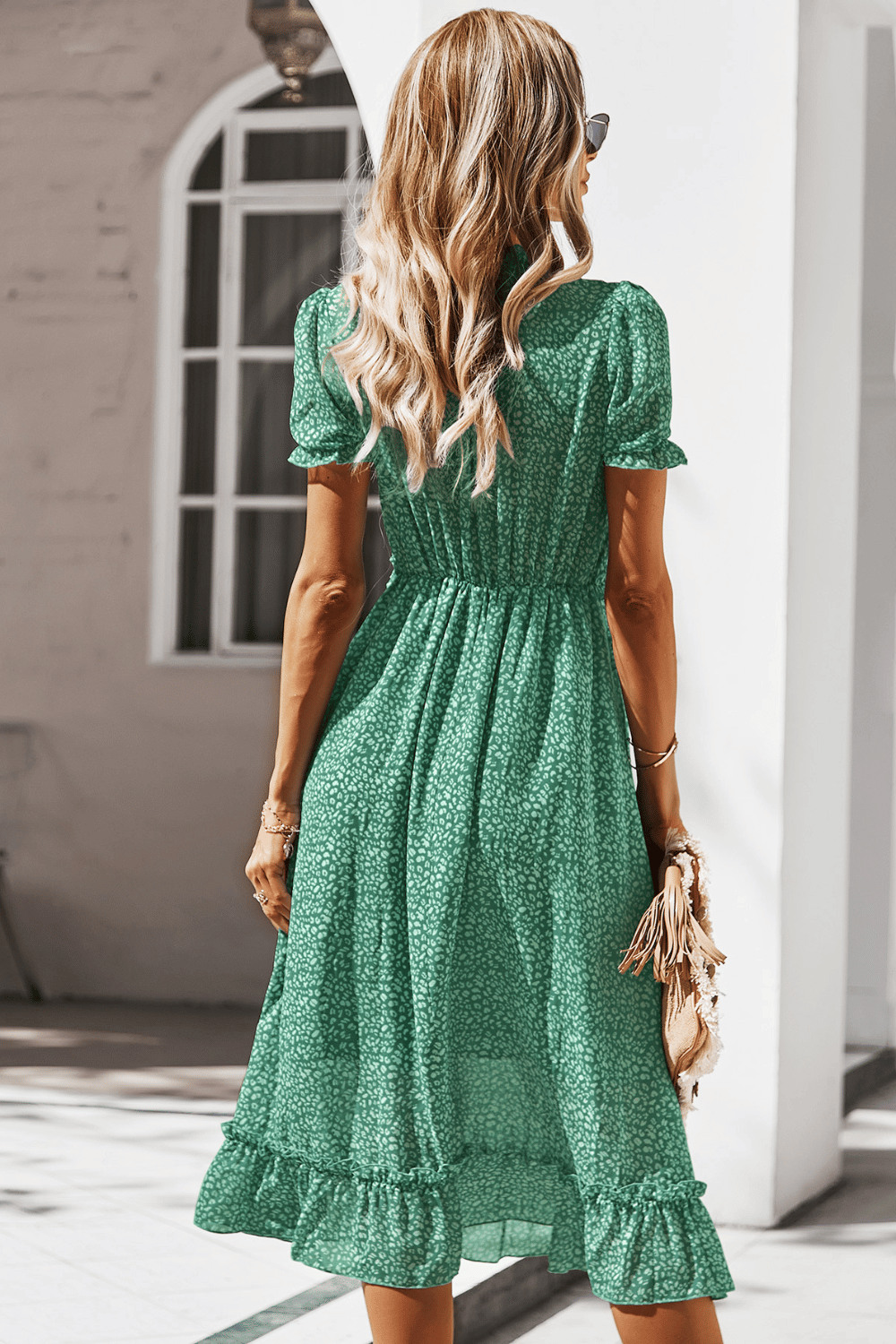 Vestito Midi con Volant Verde a Fiori Boho | Paradiso Bohemien