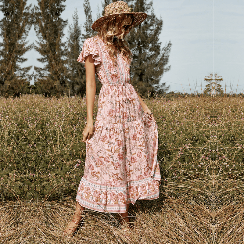 Vestito Lungo Rosa stile Country Chic a Fiori | Paradiso Bohemien