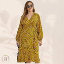 Vestito Leopardato Manica Lunga Taglie Forti Giallo | Paradiso Bohemien