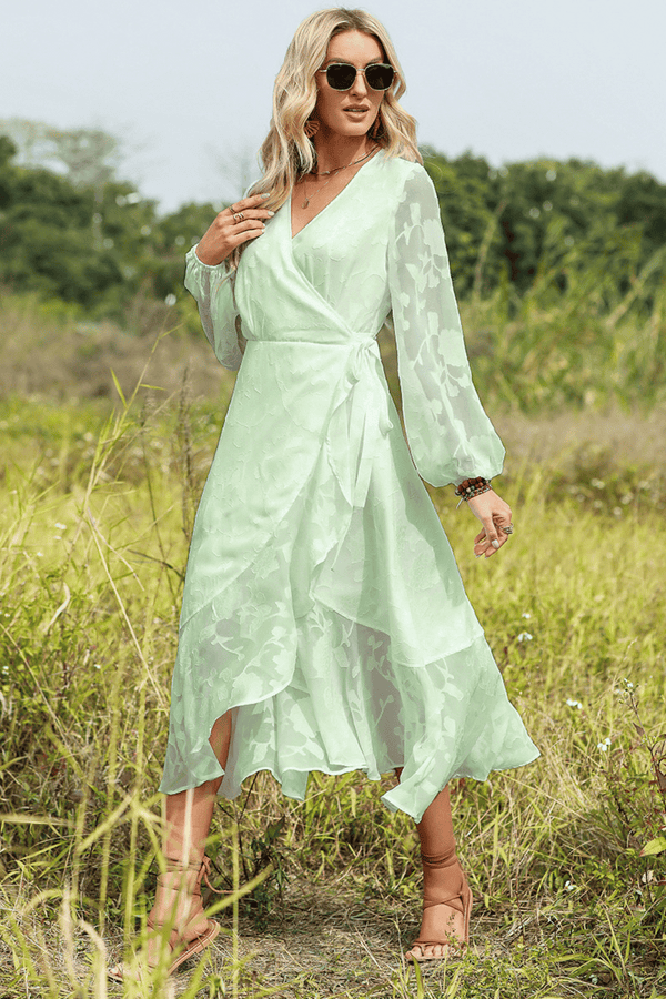 Abito Donna Floreale Manica Lunga - Scollo A V, Stampa Etnica, Taglie Forti XXL - Verde